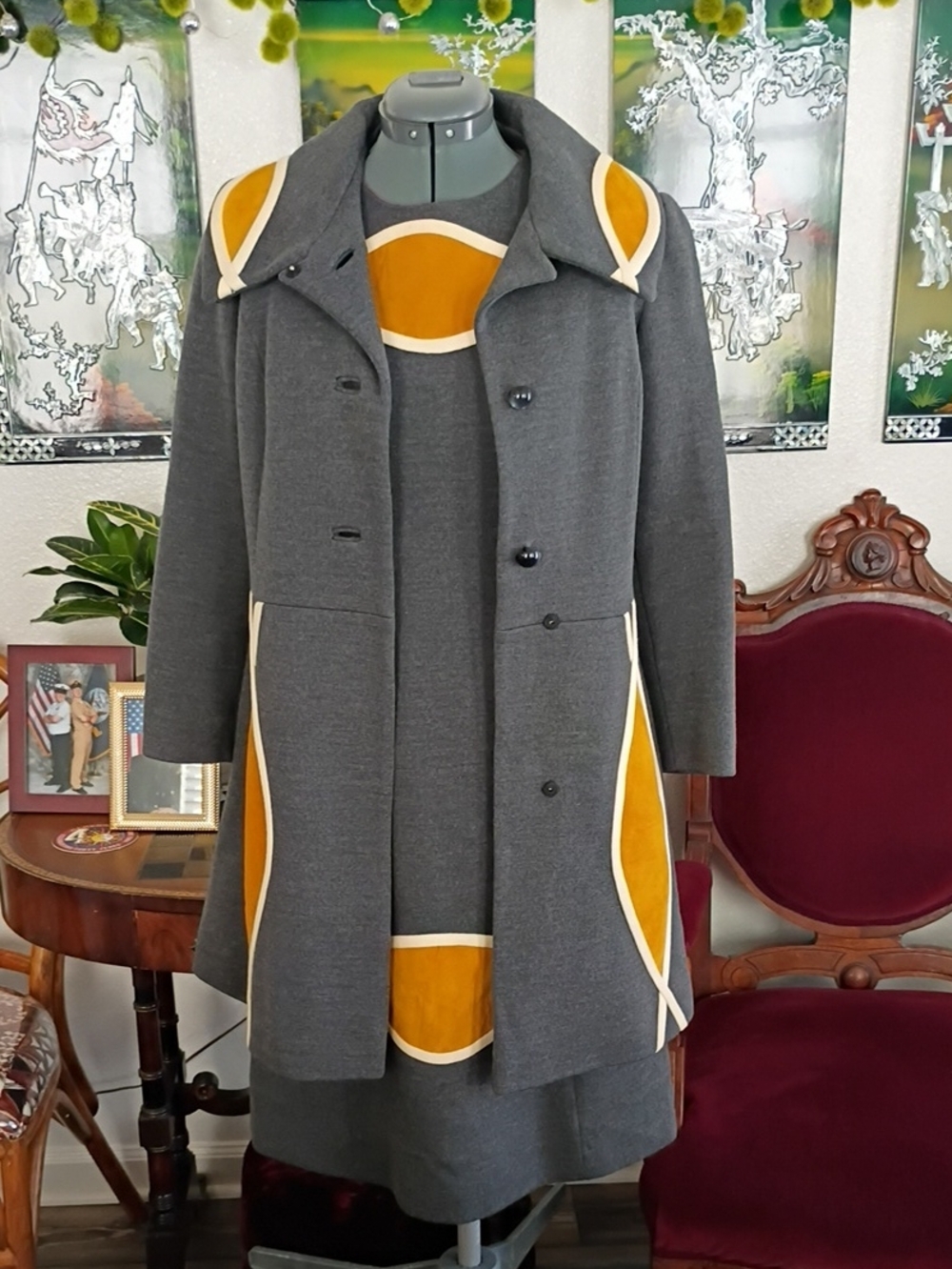 Lilli Ann Vintage 1960s Gray Wool And Orange Suede Dress And Matching Coat